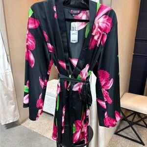 Jezebel Black and Pink Satin Robe with Floral Design